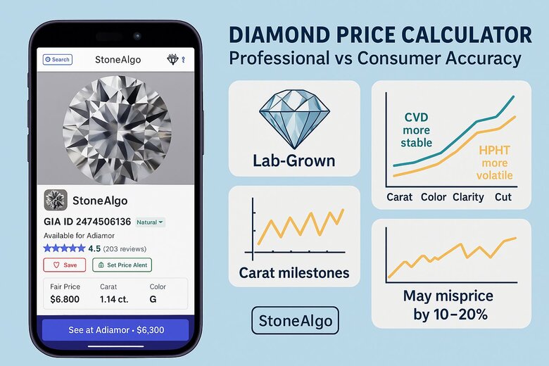 Image: Calculator Accuracy Comparison Interface - Screenshot comparison showing identical diamond specifications entered into professional vs consumer calculators, highlighting price variance and data source differences
