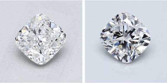 Crushed ice cut and classic cushion cut of lab-grown diamond