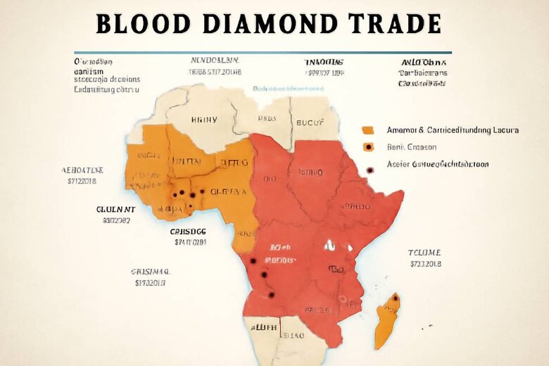 Image: Map showing African conflict diamond regions with timeline overlay - Visual understanding of geographic scope and historical context of blood diamond trade