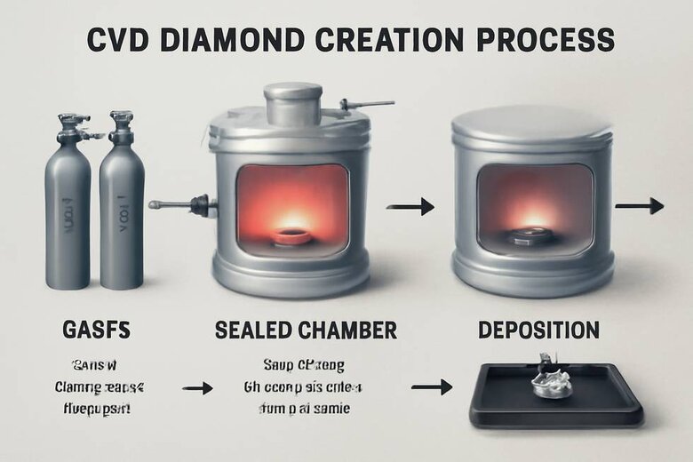 Infographic: CVD Diamond Creation Process Flow - Step-by-step visualization showing complete transparency from gas input to finished diamond with tracking points