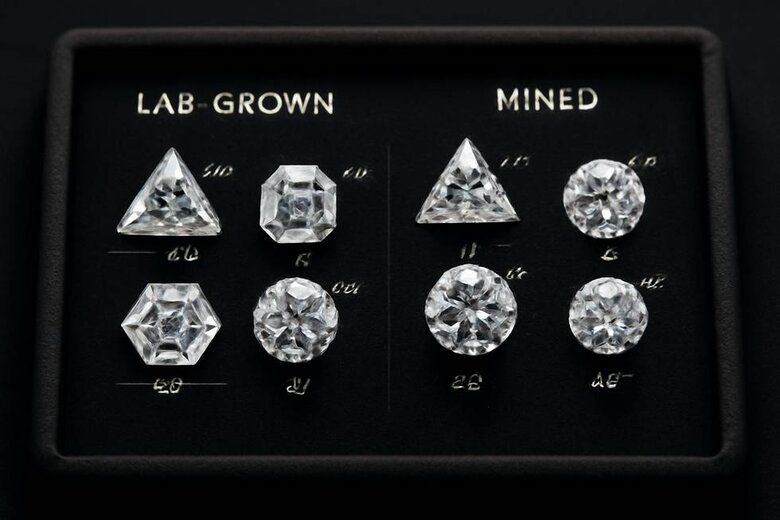 Image: Precision comparison showing geometric lab-grown diamonds vs. mined stones with highlighted angular measurements - Shows readers the exact precision differences they can expect when choosing geometric shapes