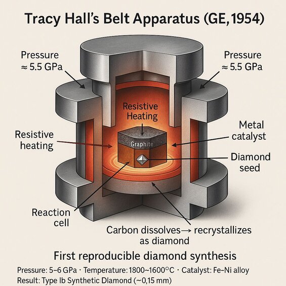 Image : Diagramme de la coupe transversale de la presse à bande HPHT - Décomposition visuelle de l'enceinte sous pression, des éléments chauffants, de la chambre de croissance, du placement des graines et du positionnement du catalyseur pour comprendre l'environnement complet de la synthèse