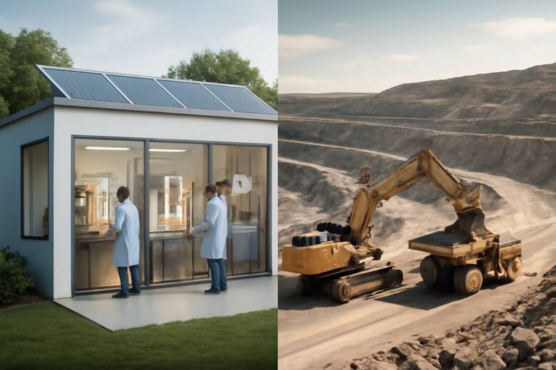 Image: Split-Screen Environmental Impact Comparison - Modern solar-powered lab facility producing diamonds in controlled chambers versus massive open-pit mining operation with excavation equipment and disrupted landscape