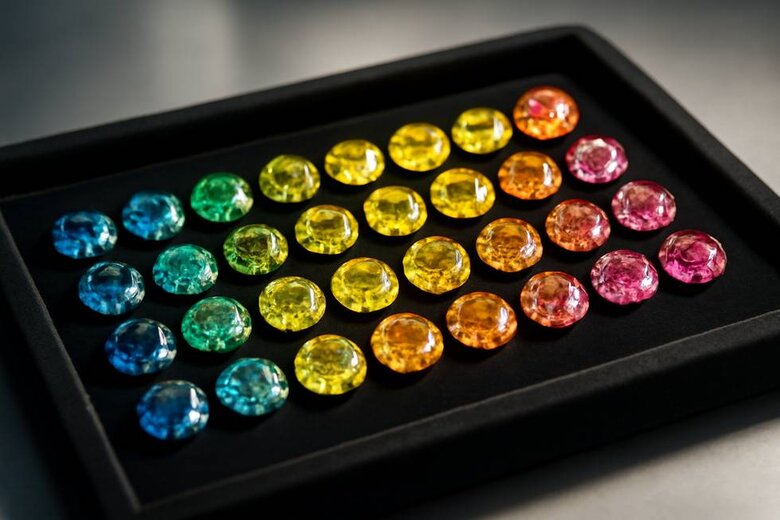 Image: Rainbow Spectrum of Lab-Grown Colored Diamonds - Complete color range from vivid blues to intense pinks showcasing manufacturing precision and grading quality