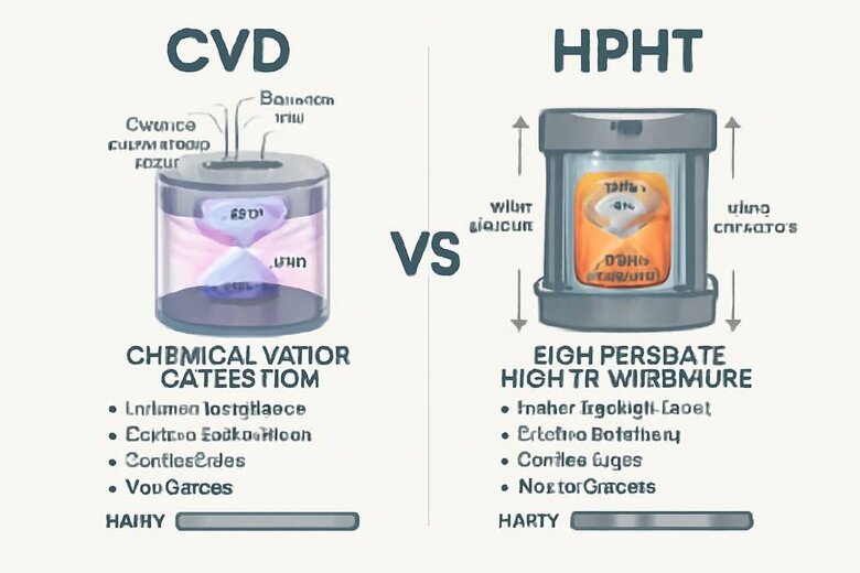 Infographic: CVD vs HPHT Manufacturing Process Comparison - Side-by-side visual showing temperature, pressure, time, catalyst requirements, and resulting purity levels to explain testing performance differences