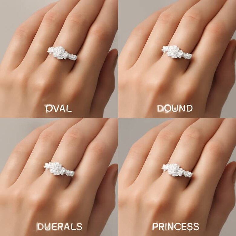 Image: Center Stone Shape Showcase - High-resolution photography displaying all six center stone cuts in three-stone settings on hand models, showing how each shape affects overall ring proportions and finger appearance from multiple angles