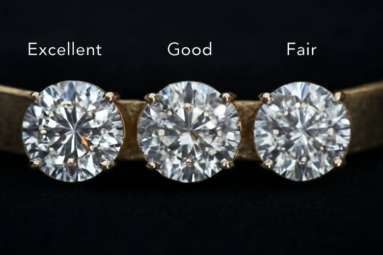 Image: Diamond Cut Quality Impact on Cuff Brilliance - Macro photography showing light reflection patterns from Excellent vs Good vs Fair cut grades in cuff bracelet setting - Proves how cut quality directly affects visual appeal