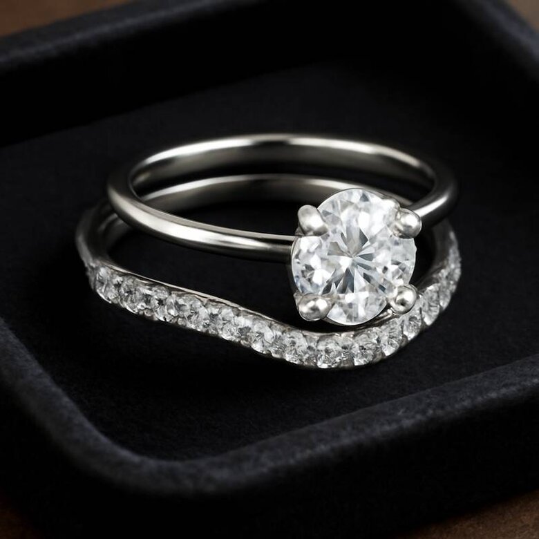 Image: Curved Lab-Grown Diamond Wedding Band Perfectly Nested Against Solitaire Engagement Ring - Showcasing seamless geometric fit, brilliant pavé diamonds, and unified bridal set appearance that demonstrates precision custom profiling