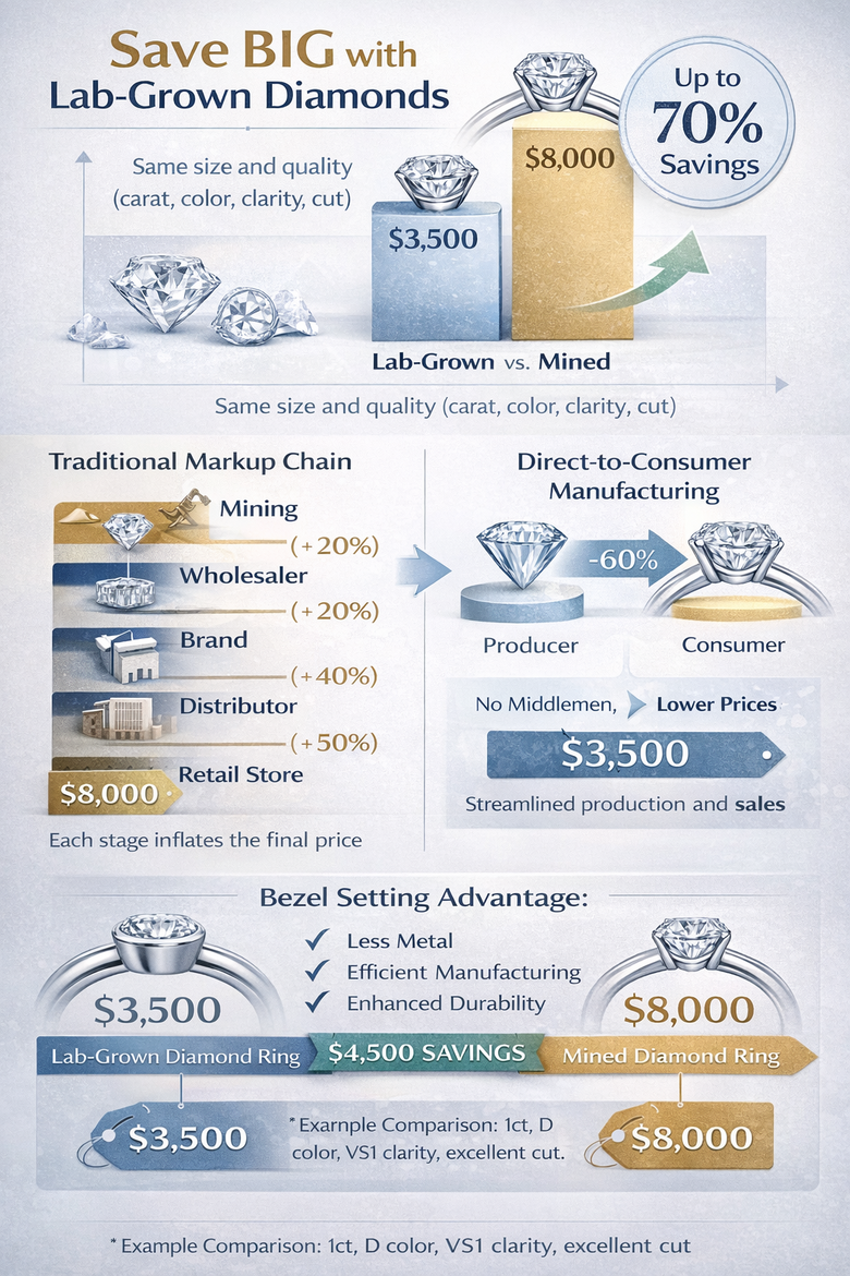 Price Journey Flowchart showing dollar amounts at each stage from diamond synthesis ($800) through retail ($8,200) with traditional retail path versus direct manufacturer path ($2,400) - Visually proves the 70% savings claim with transparent cost breakdown