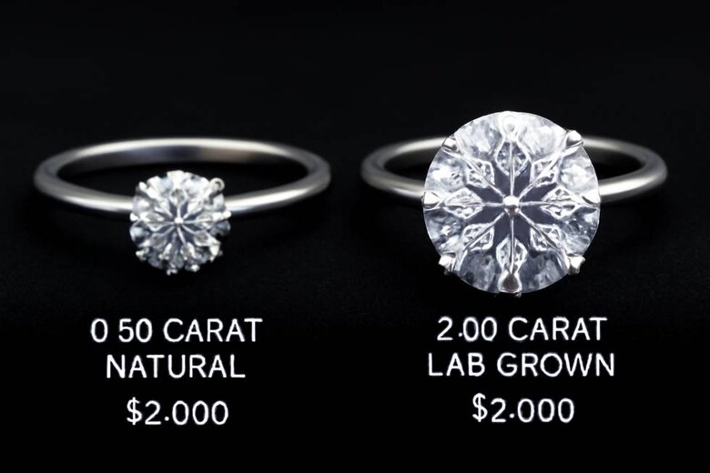 Image: Side-by-Side Visual Comparison of 0.5ct Natural vs. 2.0ct Lab-Grown Round Diamond - Both rings photographed at identical angles showing dramatic size difference achievable at same $2,000 budget with quality specifications labeled on each stone - Proves budget allocation advantage visually