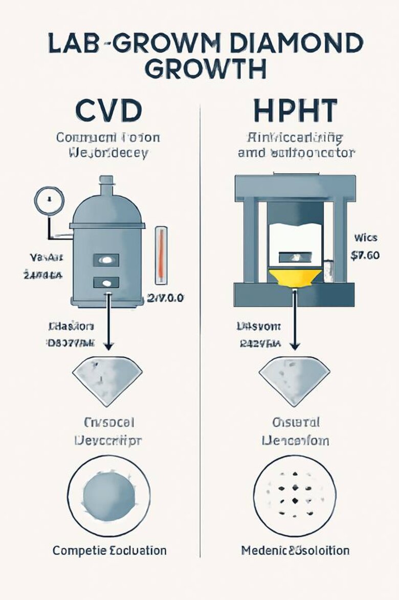 Infographic: CVD vs HPHT Lab-Grown Diamond Growth Process - Step-by-step visual comparison showing how each method grows diamonds, including temperature, pressure, growth time, and typical inclusion types for each process