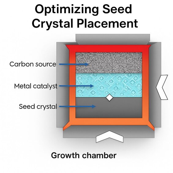 Image : Diagramme d'assemblage catalyseur-carbone-cristaux de semence - Positionnement détaillé des cristaux de semence, du matériau de base en graphite et des couches de catalyseur métallique montrant une disposition optimale pour une croissance sans défaut