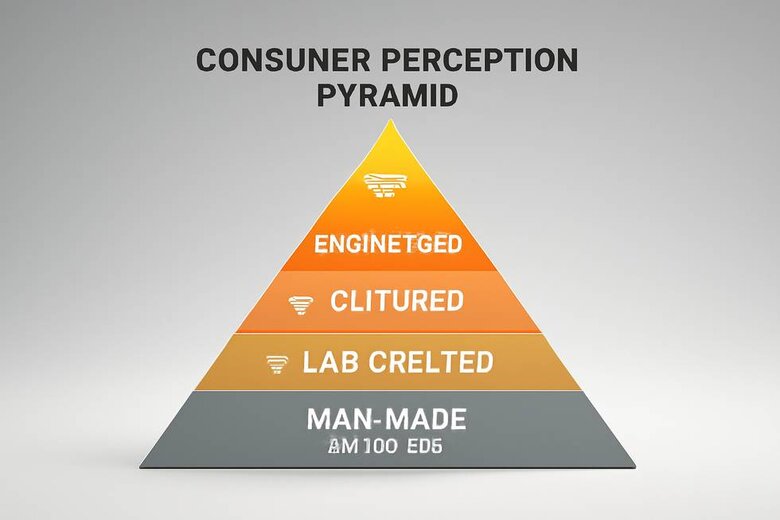 Image: Consumer Perception Pyramid showing terminology impact - Visual representation of how different diamond terms affect buyer confidence and perceived value