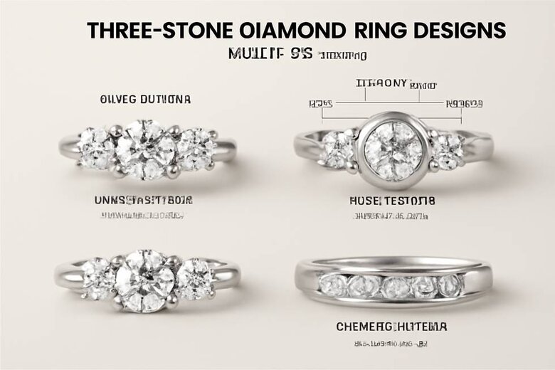 Image: Three-Stone Design Proportions Guide - Detailed visual showing optimal stone size ratios and setting styles with measurements for balanced past-present-future symbolism