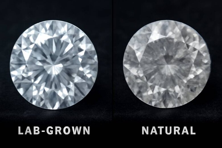 Image: Split-screen comparison of clear lab diamond versus cloudy natural diamond under magnification showing internal structure differences - Demonstrates superior clarity control in laboratory growth environments
