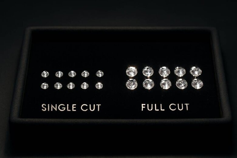 Image: Single Cut vs Full Cut Accent Diamond Faceting Comparison - See exactly how facet patterns differ between single cut and full cut accent diamonds to choose the right option for your carat weight range