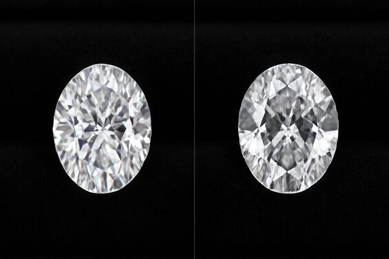 Image: Split-Screen Bow Tie Comparison Diamond - Professional lighting showing minimal versus pronounced bow tie effects in identical oval lab diamonds to demonstrate quality differences