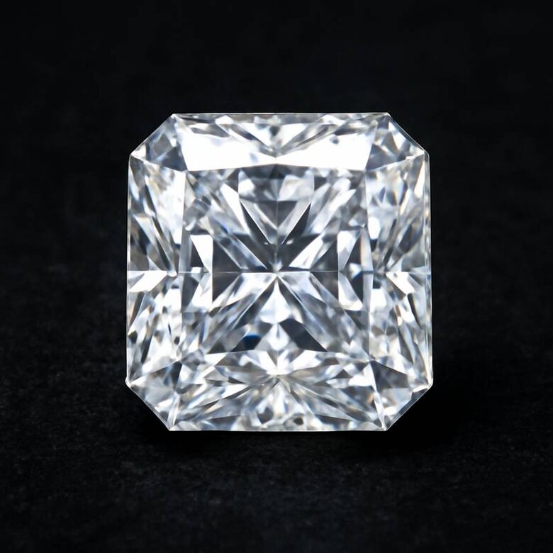 Image: Radiant Cut Light Performance Demonstration - High-quality macro photography showing light dispersion through the 70 facets of a radiant cut diamond to visualize the superior brilliance and fire