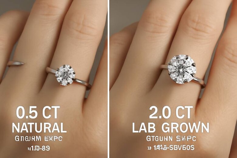 Image: Split-Screen Comparison of 0.5ct Natural vs 2.0ct Lab-Grown Round Diamond Engagement Rings on Hand - Identical $2,000 budget showcasing dramatic size difference with quality specifications and savings percentage overlay - Proves immediate value proposition visually