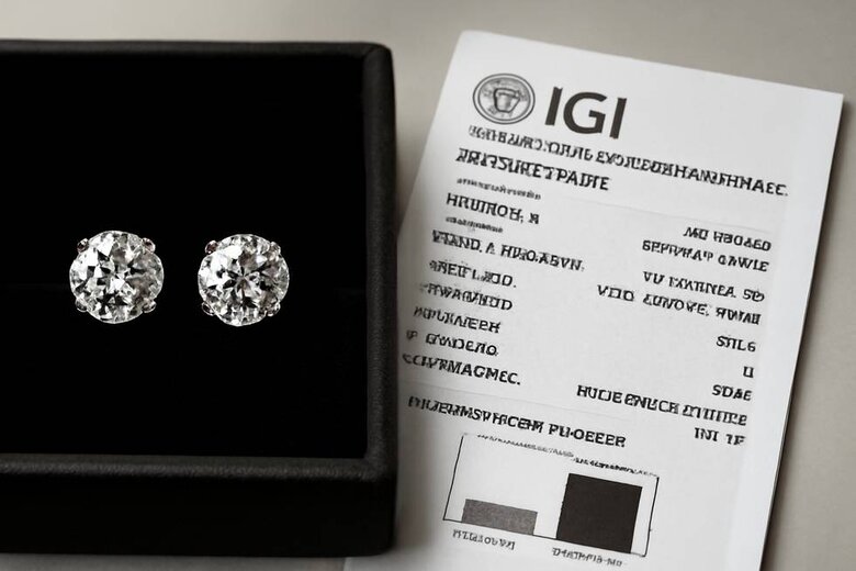 Image: IGI-Certified Lab Diamond Studs with Certification Documentation - Split-screen showing sparkling 1-carat earrings next to detailed grading report demonstrating transparency, quality standards, and dramatic cost savings versus traditional retail