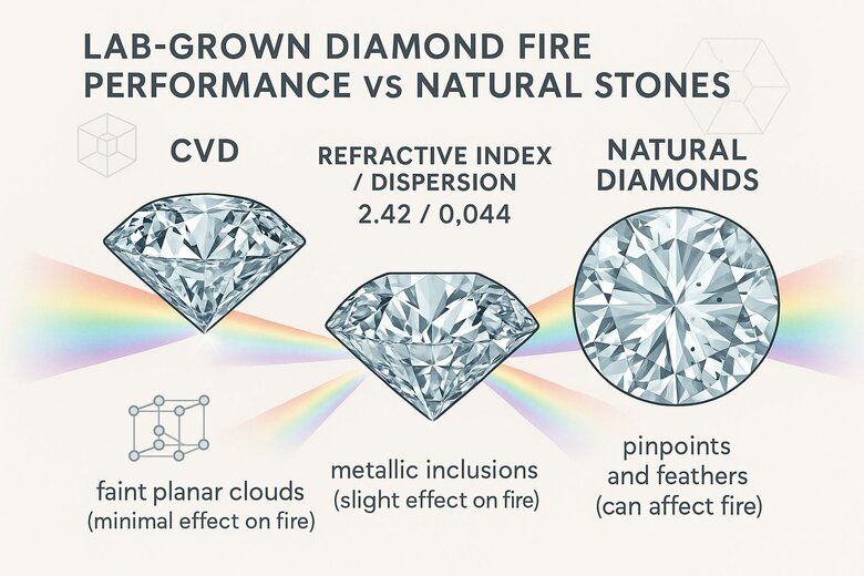 Image: CVD vs HPHT vs Natural Diamond Fire Comparison Under Microscope - Side-by-side visual comparison showing identical fire patterns across all three diamond types under controlled lighting - Proves lab-grown diamonds match natural fire performance