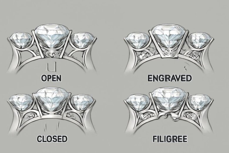 Image: Gallery Detail Cross-Section Illustrations - Technical side-view drawings showing four gallery construction types (open, closed, engraved, filigree) with arrows indicating light path and structural support elements for jewelry education