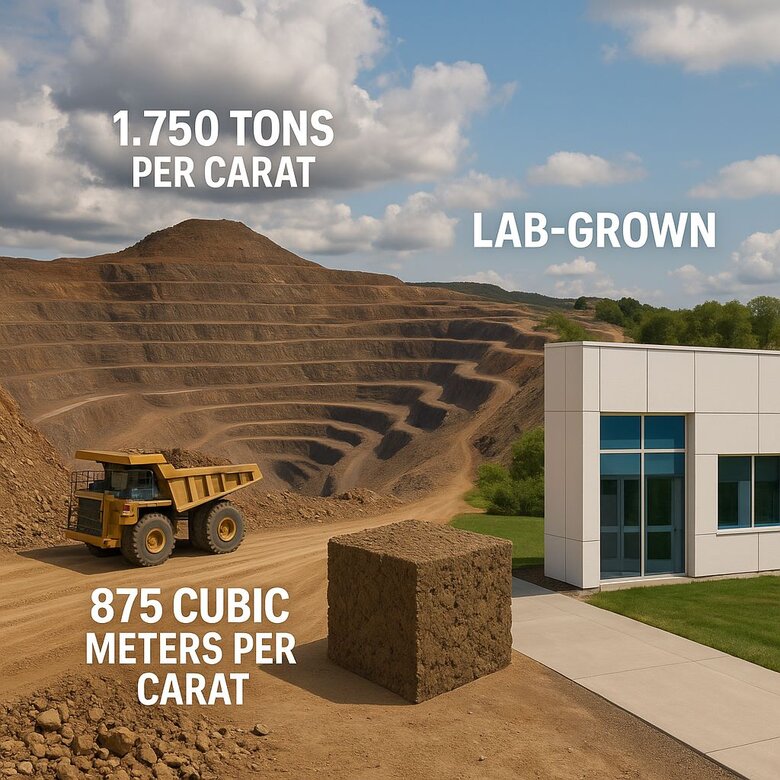 Image: Earth Excavation Volume Visualization - Visual comparison showing 1,750 tons of earth excavated for mined diamonds versus zero excavation for lab diamonds, with scale references like shipping containers or building foundations