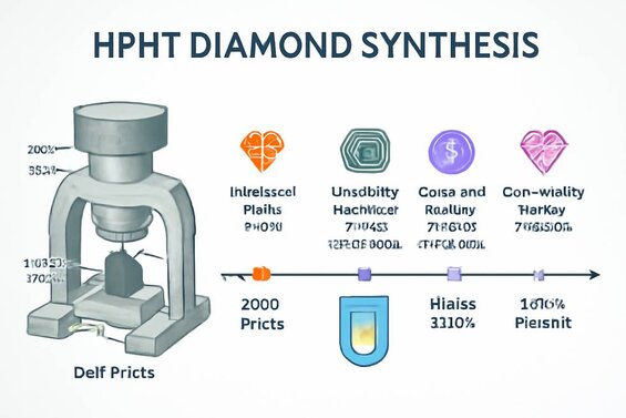 Infographic: HPHT Diamond Synthesis Historical Timeline - Key milestones from 1954 GE breakthrough to modern gem-quality production, showing technological evolution and commercial adoption phases