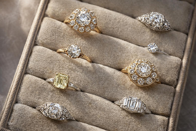 Vintage Lab Diamond Ring Collection Showcase - Three era-specific designs (Victorian rose gold, Edwardian platinum, Art Deco geometric) with pricing comparison and IGI certification badges