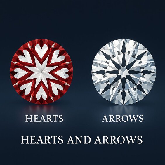 Image: Hearts and Arrows Pattern Comparison - Side-by-side photos showing true hearts and arrows vs near-miss patterns, highlighting symmetry differences