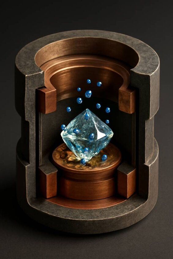 Image: HPHT Diamond Growth Chamber Cross-Section Showing Boron Incorporation Process - Visual demonstration of how boron atoms enter diamond lattice during high-pressure formation