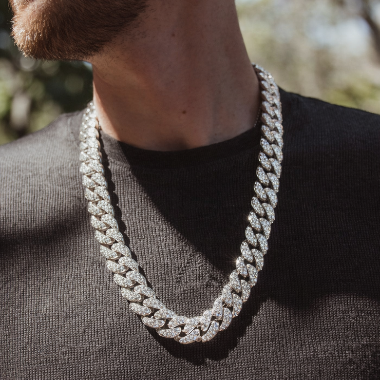 Side-by-side comparison of Drake-style Cuban chain in natural vs lab-grown diamonds - Visual proof that luxury aesthetics remain identical while cost drops dramatically