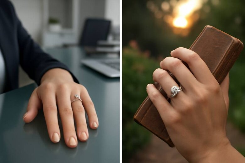 Image: Lifestyle photo showing Dutch marquise engagement ring on hand in both professional and romantic settings - Demonstrates versatility for modern couples