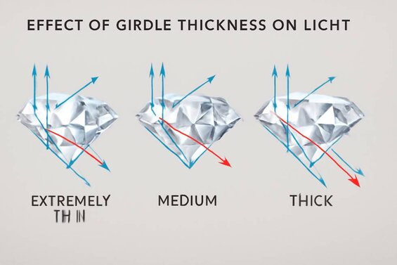 Image: Light Performance Visualization Through Different Girdle Types - Comparative light ray diagrams showing how extremely thin, medium, and thick girdles affect light entry, internal reflection patterns, and optical efficiency