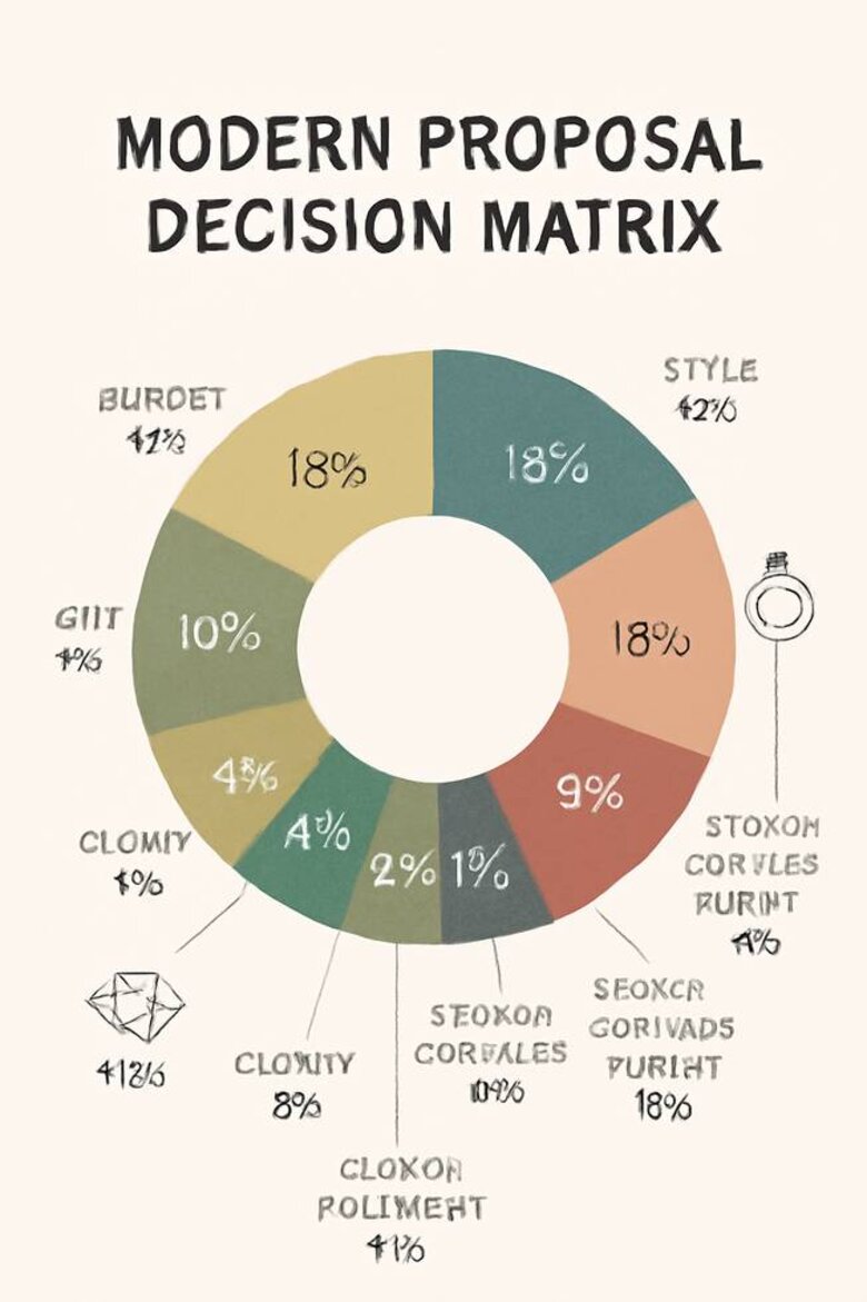 Infographic: The Modern Proposal Decision Matrix showing how couples weigh traditional factors (4Cs, budget, style) against new priorities (carbon footprint, ethical sourcing, social media impact, tech innovation) with percentage weights for each factor - Visualizes complete decision-making evolution