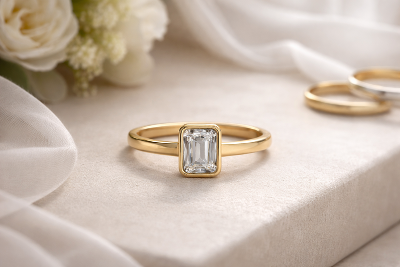 Close-up comparison of princess-cut diamond showing vulnerable corner in prong setting versus same shape fully protected by bezel metal coverage, with magnified inset showing corner detail - Makes abstract vulnerability concept concrete and visual