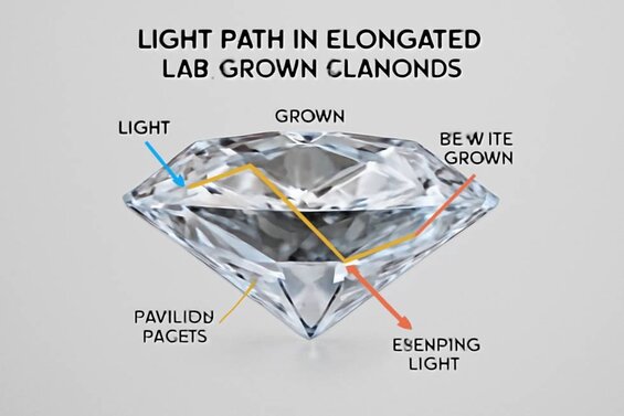 Image: Light Path Diagram in Elongated Diamonds - Visual demonstration showing how light enters, travels through, and either reflects back or leaks through pavilion facets, making the bow tie formation mechanism clear for buyers
