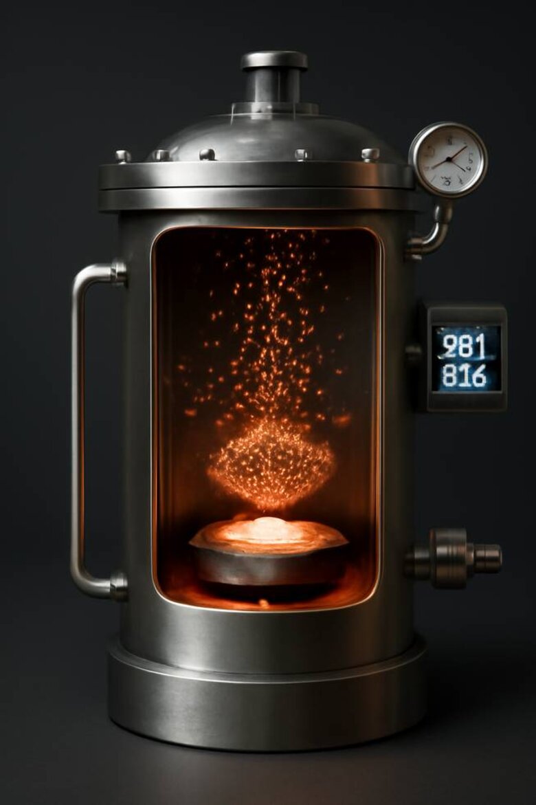 Image: CVD Diamond Growth Chamber Process - Cutaway view of chemical vapor deposition reactor showing carbon atoms forming diamond crystal structure in controlled environment