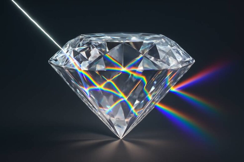 Image: Light Path Through Diamond Crystal Structure - Shows exactly how white light enters diamond and emerges as rainbow colors through internal reflections - Visualizes the complex physics behind diamond fire for easy understanding