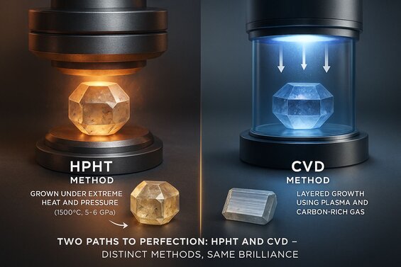 Infographic: HPHT vs CVD Manufacturing Process Flow - Step-by-step comparison of equipment, conditions, timeframes, and output capabilities for both methods