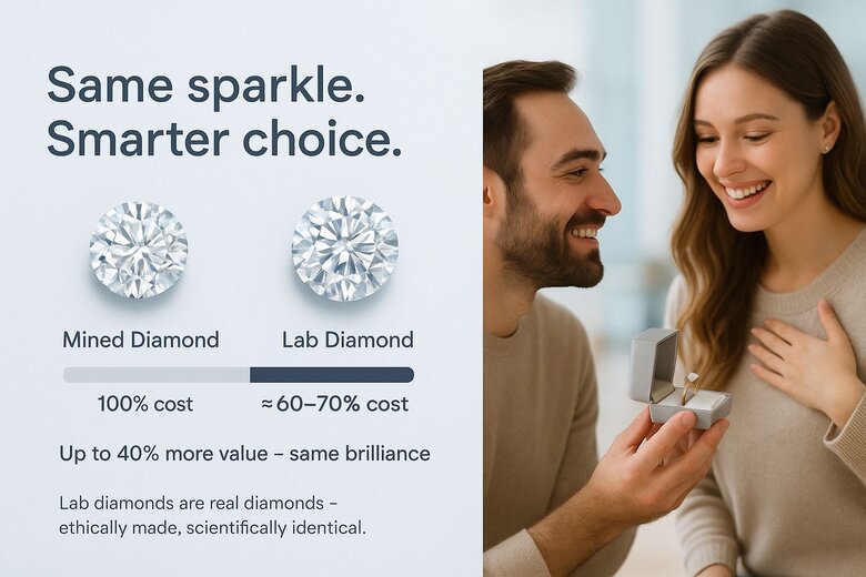Infographic: Millennial Diamond Budget Optimizer - Interactive calculator showing carat size upgrades possible with lab diamonds across different budget ranges, including visual size comparisons and savings breakdowns