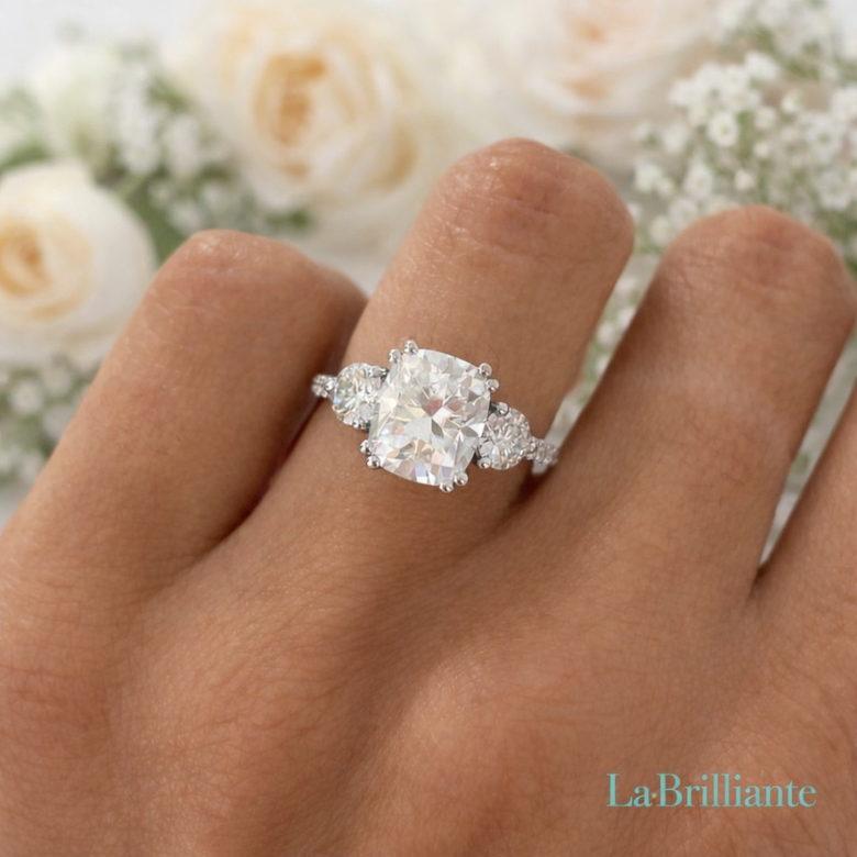 Metal Tone Comparison with Cushion Diamonds - Split-screen showing identical cushion lab-grown diamonds in yellow gold, rose gold, and platinum settings to demonstrate color interaction effects