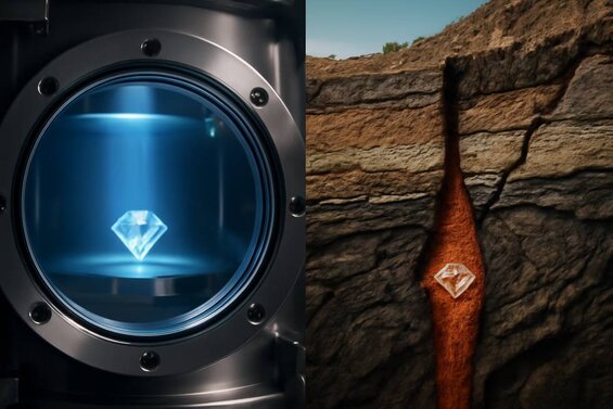 Image: Split-Screen Diamond Formation Comparison - CVD plasma reactor chamber versus deep earth geological cross-section showing controlled manufacturing versus natural formation complexity