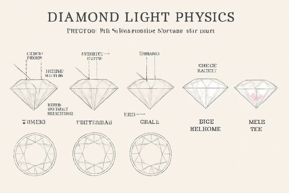 Infographic: Diamond Light Physics and Culet Performance - Visual diagram showing light ray paths, critical angles, total internal reflection principles, and how different culet sizes affect brilliance and fire dispersion