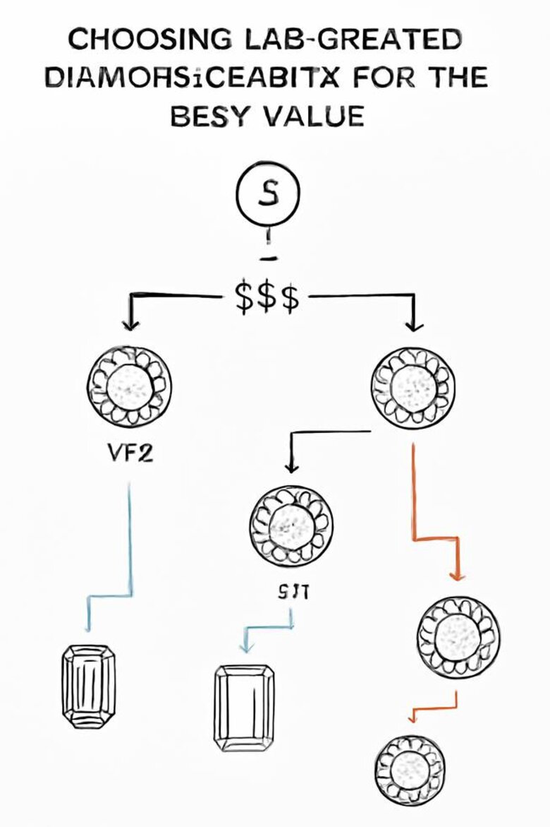 Infographic: Lab Diamond Clarity Value Decision Tree - Step-by-step visual guide showing budget ranges, clarity grades, inclusion tolerance, and optimal selection path for different ring sizes and cuts