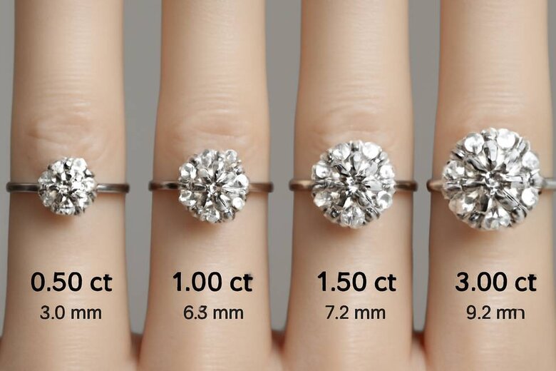Image: Carat Weight to Face-Up Diameter Visual Reference - Actual-size photographs of round brilliant diamonds from 0.50ct to 3.00ct shown against standard ring finger with millimeter measurements labeled demonstrating non-linear relationship between weight and visual size - Helps buyers visualize what carat weights actually look like when worn