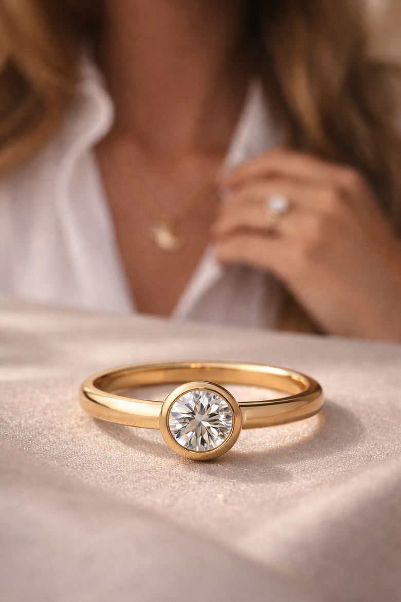 Split-screen comparison showing bezel engagement ring flush against finger during yoga pose versus elevated prong ring catching on fabric, with force distribution diagrams overlaid - Instantly demonstrates the "confident everyday wearing" advantage that defines the 2025 engagement ring revolution