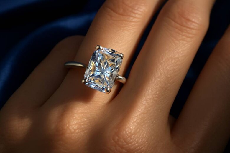 Image: Stunning Radiant Lab-Grown Diamond Ring on Hand - Close-up hero shot of 3-carat radiant cut lab-grown diamond in platinum setting on elegant hand, showing rainbow fire dispersion through 70 facets with dramatic side lighting that captures both brilliant sparkle and elongated rectangular silhouette. Background softly blurred luxury fabric emphasizes diamond