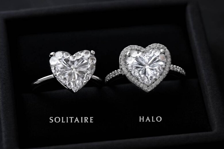 Image: Heart Diamond Setting Comparison Gallery - Side-by-side visuals of solitaire vs halo settings showing protection and aesthetic differences