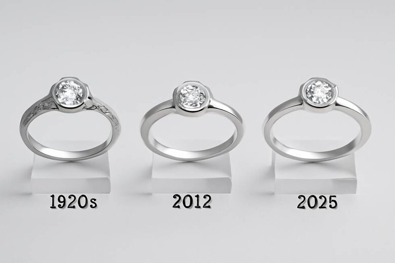 Image: Timeline visual showing three iconic bezel designs - 1920s Art Deco platinum bezel, 2012 Jennifer Aniston geometric design, 2025 contemporary hexagonal bezel - Proves century-spanning relevance and &quot;timeless&quot; claim